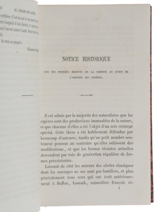 De l'Origine des Espèces, ou des Lois du Progrès chez les êtres organisés. Traduit en français sur la troisième Édition avec l'autorisation de l'Auteur par Mlle Clémence-Auguste Royer, avec une préface et des notes du traducteur.