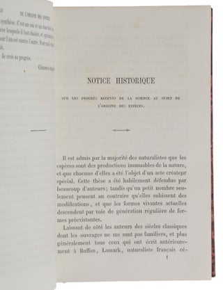 De l'Origine des Espèces, ou des Lois du Progrès chez les êtres organisés. Traduit en français sur la troisième Édition avec l'autorisation de l'Auteur par Mlle Clémence-Auguste Royer, avec une préface et des notes du traducteur.