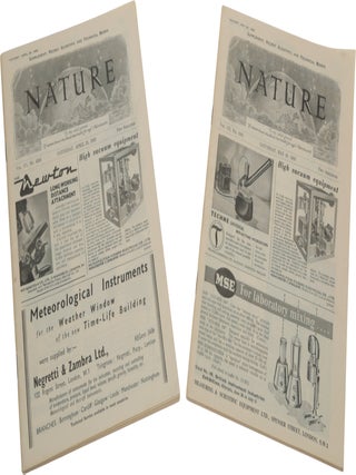 Two complete journal issues of Nature, Vol. 171, comprising: (1) No. 4356, 25 April 1953, containing the three papers under the common head-title ‘Molecular Structure of Nucleic Acids’: WATSON & CRICK, ‘A Structure for Deoxyribose Nucleic Acid,’ pp. 737-738; WILKINS, STOKES & WILSON, ‘Molecular Structure of Deoxypentose Nucleic Acids,’ pp. 738-740; and FRANKLIN & GOSLING, ‘Molecular Configuration in Sodium Thymonucleate,’ pp. 740-741.(2) No. 4361, 30 May 1953, containing WATSON & CRICK, ‘Genetical Implications of the Structure of Deoxyribonucleic Acid,’ pp. 964-967.
