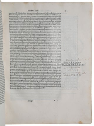 Almagestum seu magnae constructionis mathematicae opus plane divinum, latina donatum lingua ab Georgio Trapezuntio &hellip; per Lucam Gauricum Neapolit. divinae matheseos professorem egregium in alma urbe Veneta orbis regina recognitum. [Bound with:] APIAN, Peter. Introductio geographica Petri Apiani in doctissimas Verneri annotationes &hellip; cum quadrante novo Meteoroscopij loco usitatissimo. Huic accedit translatio nova primi libri Geographiae Cl. Ptolemaei translatio adiuncta &hellip; Adiuncta est epistola Io. de Regiomonte ad Reverendissimum Cardinalem Bessarionem &hellip; de utriusque arsque & vivendi rationibus de monstratura magnum opera Reverend. Petri Apiani sociogr.