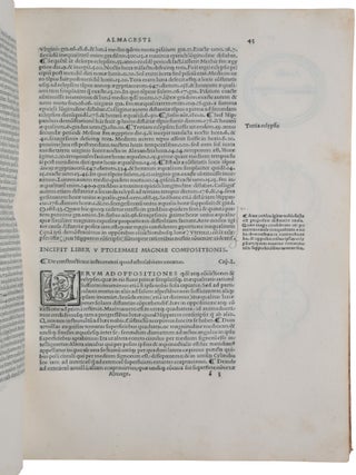 Almagestum seu magnae constructionis mathematicae opus plane divinum, latina donatum lingua ab Georgio Trapezuntio &hellip; per Lucam Gauricum Neapolit. divinae matheseos professorem egregium in alma urbe Veneta orbis regina recognitum. [Bound with:] APIAN, Peter. Introductio geographica Petri Apiani in doctissimas Verneri annotationes &hellip; cum quadrante novo Meteoroscopij loco usitatissimo. Huic accedit translatio nova primi libri Geographiae Cl. Ptolemaei translatio adiuncta &hellip; Adiuncta est epistola Io. de Regiomonte ad Reverendissimum Cardinalem Bessarionem &hellip; de utriusque arsque & vivendi rationibus de monstratura magnum opera Reverend. Petri Apiani sociogr.