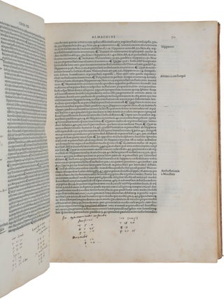 Almagestum seu magnae constructionis mathematicae opus plane divinum, latina donatum lingua ab Georgio Trapezuntio &hellip; per Lucam Gauricum Neapolit. divinae matheseos professorem egregium in alma urbe Veneta orbis regina recognitum. [Bound with:] APIAN, Peter. Introductio geographica Petri Apiani in doctissimas Verneri annotationes &hellip; cum quadrante novo Meteoroscopij loco usitatissimo. Huic accedit translatio nova primi libri Geographiae Cl. Ptolemaei translatio adiuncta &hellip; Adiuncta est epistola Io. de Regiomonte ad Reverendissimum Cardinalem Bessarionem &hellip; de utriusque arsque & vivendi rationibus de monstratura magnum opera Reverend. Petri Apiani sociogr.